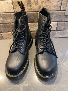 Dr. Martens Black Leather Lace-Up Boots with Yellow Stitching